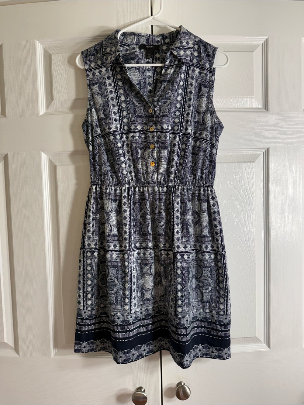 Sleeveless Navy Patterned Shirt Dress